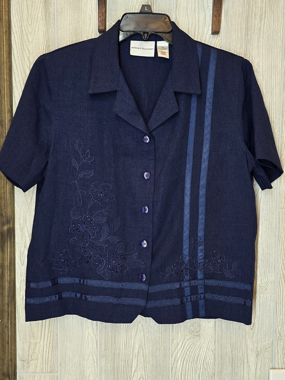 Alfred Dunner Navy Short Sleeve Button-Front Top with Embroidered Florals